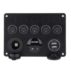 5-Way ON-OFF Green Illuminated Switch Switch Panel with 2x5V USB Cigarette Lighter and Voltage Indicator - 3