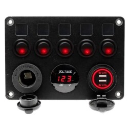5-Way ON-OFF Red Illuminated Switch Switch Panel with 2x5V USB Cigarette Lighter and Voltage Indicator