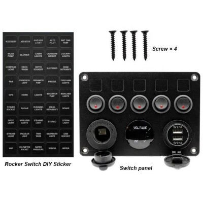 5'li ON-OFF Kırmızı Nokta Işıklı Anahtar Switch Panel 2x5V USB Çakmaklık ve Voltaj Göstergeli - 3