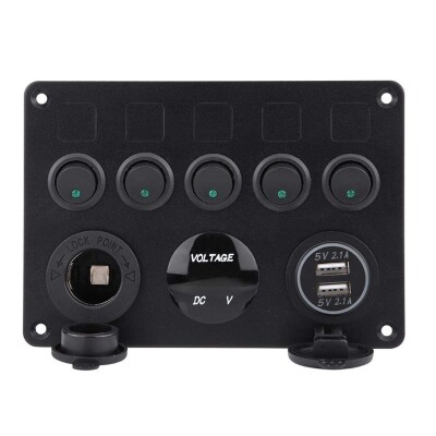 5'li ON-OFF Yeşil Nokta Işıklı Anahtar Switch Panel 2x5V USB Çakmaklık ve Voltaj Göstergeli - 3
