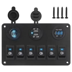 6 ON-OFF Blue Illuminated Key Switch Panel 2x5V USB Cigarette Lighter and Voltage Indicator - 1