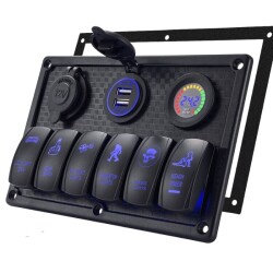 6 ON-OFF Blue Illuminated Switch Switch Panel with 2x5V USB Cigarette Lighter and Voltage Indicator