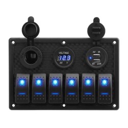 6 ON-OFF Blue Illuminated Switch Switch Panel with 2x5V USB Cigarette Lighter and Voltage Indicator