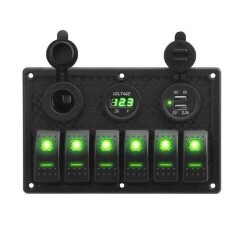 6 ON-OFF Green Illuminated Switch Switch Panel with 2x5V USB Cigarette Lighter and Voltage Indicator
