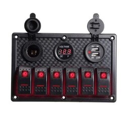 6 ON-OFF Red Illuminated Switch Switch Panel with 2x5V USB Cigarette Lighter and Voltage Indicator