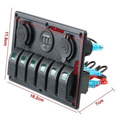 6'lı ON-OFF Kırmızı Işıklı Anahtar Switch Panel 2x5V USB Çakmaklık ve Voltaj Göstergeli - 3