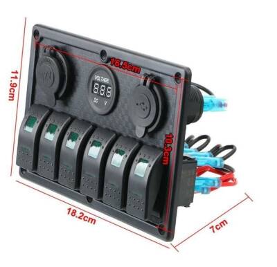 6'lı ON-OFF Kırmızı Işıklı Anahtar Switch Panel 2x5V USB Çakmaklık ve Voltaj Göstergeli - 3