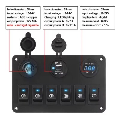 6'lı ON-OFF Mavi Işıklı Anahtar Switch Panel 2x5V USB Çakmaklık ve Voltaj Göstergeli - 5