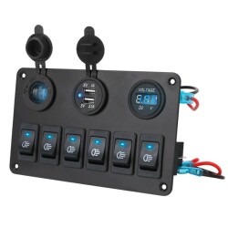 6'lı ON-OFF Mavi Işıklı Anahtar Switch Panel 2x5V USB Çakmaklık ve Voltaj Göstergeli - 2