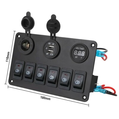 6'lı ON-OFF Mavi Işıklı Anahtar Switch Panel 2x5V USB Çakmaklık ve Voltaj Göstergeli - 3