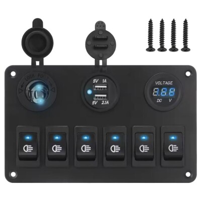 6'lı ON-OFF Mavi Işıklı Anahtar Switch Panel 2x5V USB Çakmaklık ve Voltaj Göstergeli - 1