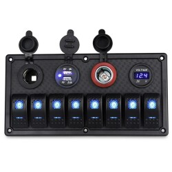 8-pin ON-OFF Blue Lighted Switch Panel 2x5V USB 2x Cigarette Lighter and Voltage Indicator