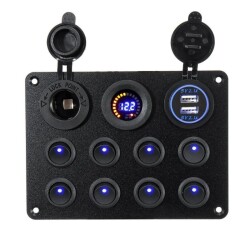 8-Way ON-OFF Green Illuminated Switch Switch Panel with 2x5V USB Cigarette Lighter and Voltage Indicator