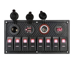 8'li ON-OFF Kırmızı Işıklı Anahtar Panel 2x5V USB 2xÇakmaklık ve Voltaj Göstergeli