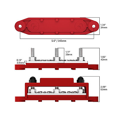 BB250-T3M8S10 3xM8 + 10xM4 Busbar Power Distribution Block - Red/Black - 2