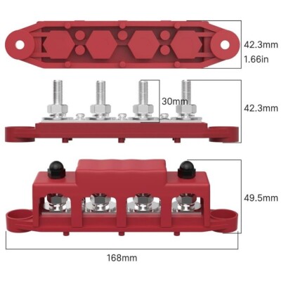 BB250-T4M10S3 4xM10 + 3xM4 Busbar Power Distribution Block - Red/Black - 2