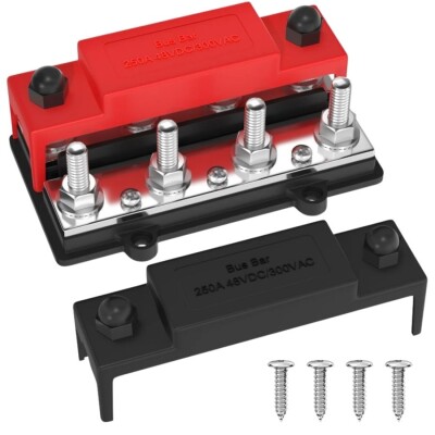 BB250X2-T4M10S3 4xM10 + 3xM4 Busbar Power Distribution Block - Red/Black - 1