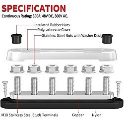 BB300-T6M10-C 6xM10 Busbar Power Distribution Block - Red/Black - 2
