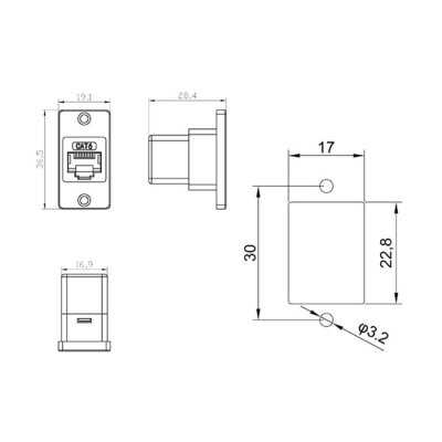 CAT6 RJ45 Female Panel Mount Connector Silver - SCAT6-C - 3