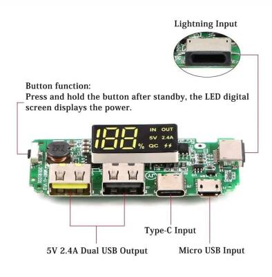 Çift USB 5V 2.4A Led'li Micro Type-C Powerbank Modülü - 4