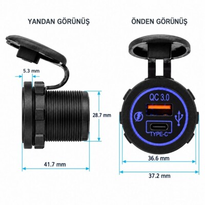 DS2013-P19 12-24V PD3.0 Type-C + QC3.0 USB Şarj Soketi - 2