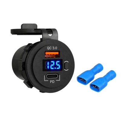 DS2013-P21 12-24V PD3.0 Type-C + QC3.0 USB Charging Socket - With Switch and Voltmeter - 1