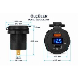DS2013-P21 12-24V PD3.0 Type-C + QC3.0 USB Charging Socket - With Switch and Voltmeter - 2
