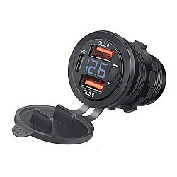 DS2013-P25 12-24V PD3.0 Type-C + 2X QC3.0 USB Şarj Soketi - Anahtarlı ve Voltmetreli