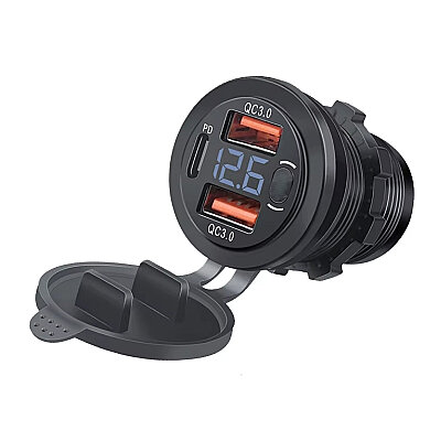 DS2013-P25 12-24V PD3.0 Type-C + 2X QC3.0 USB Şarj Soketi - Anahtarlı ve Voltmetreli - 1