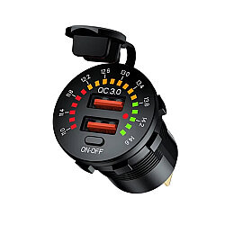 DS2013-V-S 12-24V Dual QC3.0 USB Charging Socket - With Switch and Voltmeter - 1