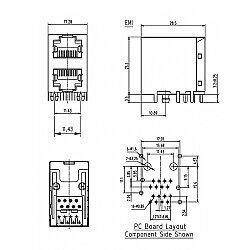 Dual RJ45 8P8C 90° Female Ethernet Connector - PCB Mount - 3