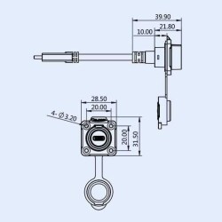 LP16-TYPEC-MP-FS-2M-002 Su Geçirmez Type C 3.1 Dişi Panel Tip Konnektör - 2M Kablo - 3