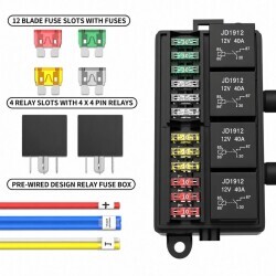 RB-R4F12-W1 12-Way Pre-Wired Automotive Relay and Fuse Box - Includes 4 Relays + 12 Fuses - 2