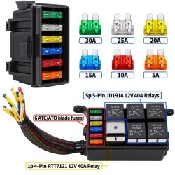 RB-R6F6-RF-W1 6-Way Pre-Wired Automotive Relay and Fuse Box - Includes 6 Relays + 6 Fuses - 3