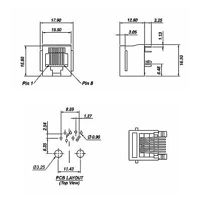 RJ45-5222 8P8C 180° Female Plastic Ethernet Connector - PCB Type - 3