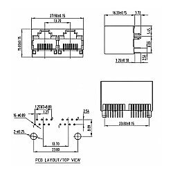 RJ45-5222 Dual 8P8C 180° Female Plastic Ethernet Connector - PCB Type - 3
