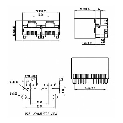 RJ45-5222 Dual 8P8C 180° Female Plastic Ethernet Connector - PCB Type - 3