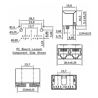 RJ45-5224 2'li 8P8C 180C Dişi Ethernet Konnektörü - PCB Tipi - 3
