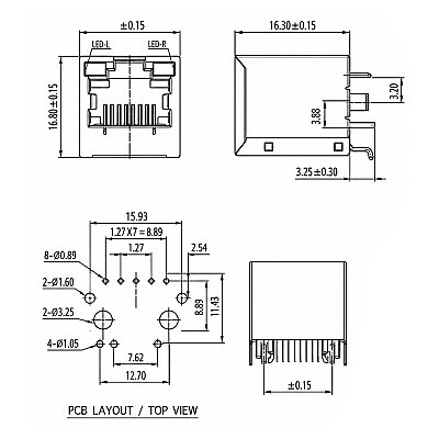RJ45-5224 8P8C 180C Işıklı Dişi Ethernet Konnektörü - PCB Tipi - 3