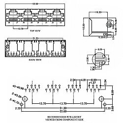 RJ45-5224 Quad (4-Port) 8P8C 180° Female Ethernet Connector - PCB Type - 3
