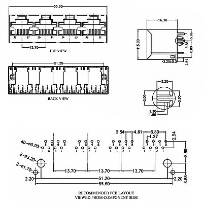 RJ45-5224 Quad (4-Port) 8P8C 180° Female Ethernet Connector - PCB Type - 3