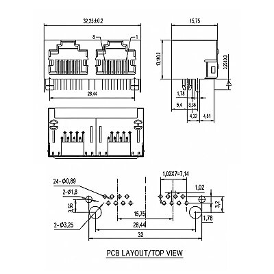 RJ45-5603 2'li 8P8C 90C Dişi Ethernet Konnektörü - PCB Tipi - 3