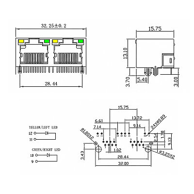 RJ45-5603 2'li 8P8C 90C Işıklı Dişi Ethernet Konnektörü - PCB Tipi - 4