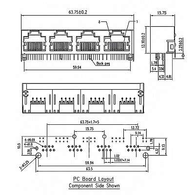 RJ45-5603 4'lü 8P8C 90C Dişi Ethernet Konnektörü - PCB Tipi - 3
