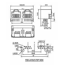 RJ45-5603 Dual 8P8C 90° Female Ethernet Connector - PCB Mount - 3