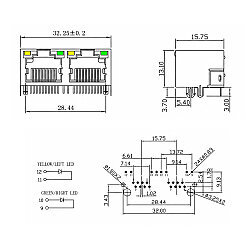 RJ45-5603 Dual 8P8C 90° Female Ethernet Connector with LEDs - PCB Mount - 4