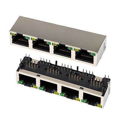 RJ45-5603 Quad (4-Port) 8P8C 90° Female Ethernet Connector with LEDs - PCB Mount - 2