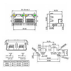 RJ45-5603T Dual 8P8C 90° Female Ethernet Connector with LEDs - PCB Mount - 4