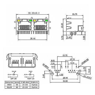RJ45-5603T Dual 8P8C 90° Female Ethernet Connector with LEDs - PCB Mount - 4