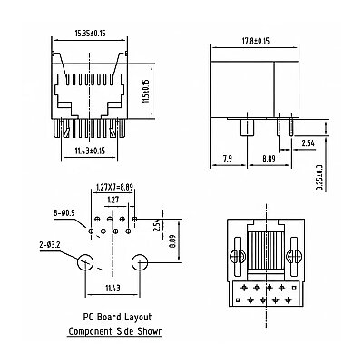 RJ45-5801B 10P8C 90° Female Plastic Ethernet Connector - PCB Type - 3
